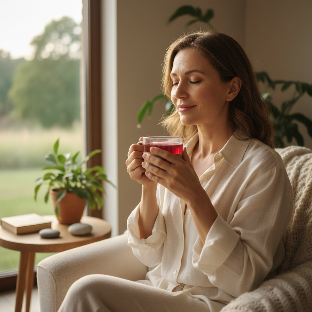 Woman enjoying The Crone tea blend
